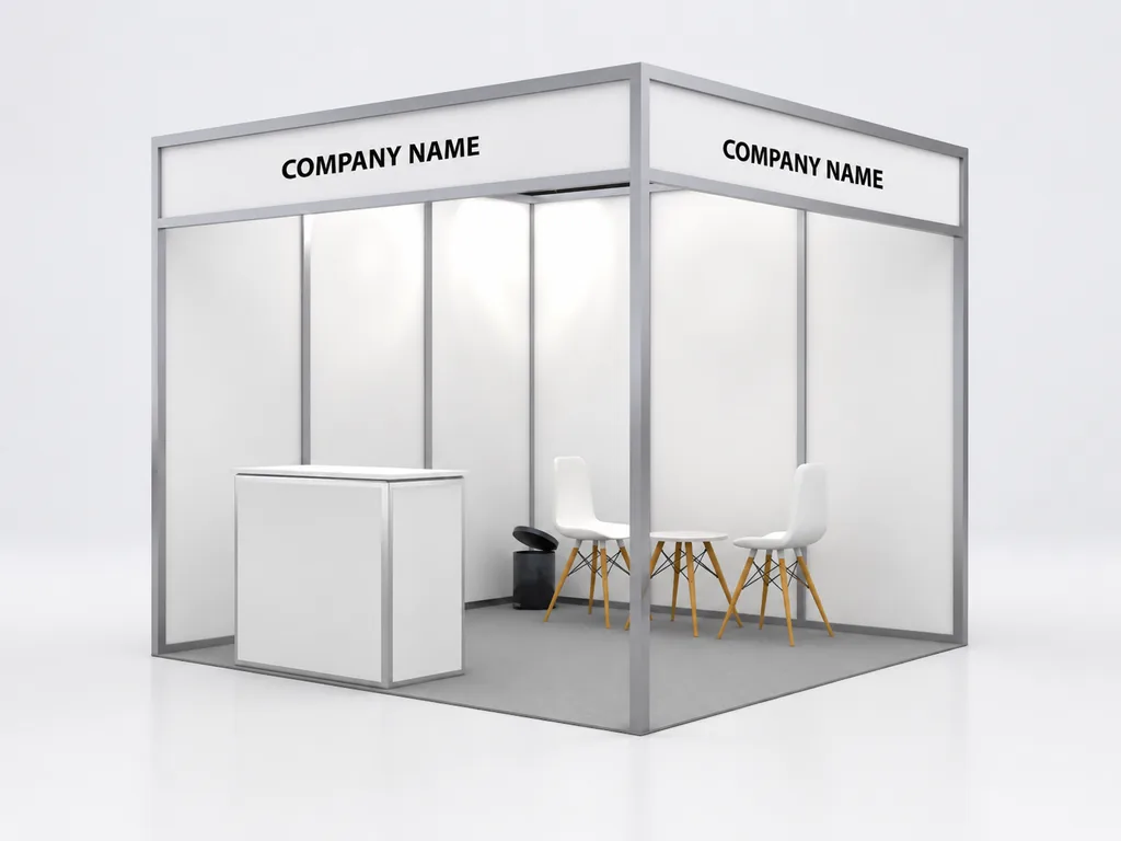 3x3 exhibition booth mockup with fascia and furniture