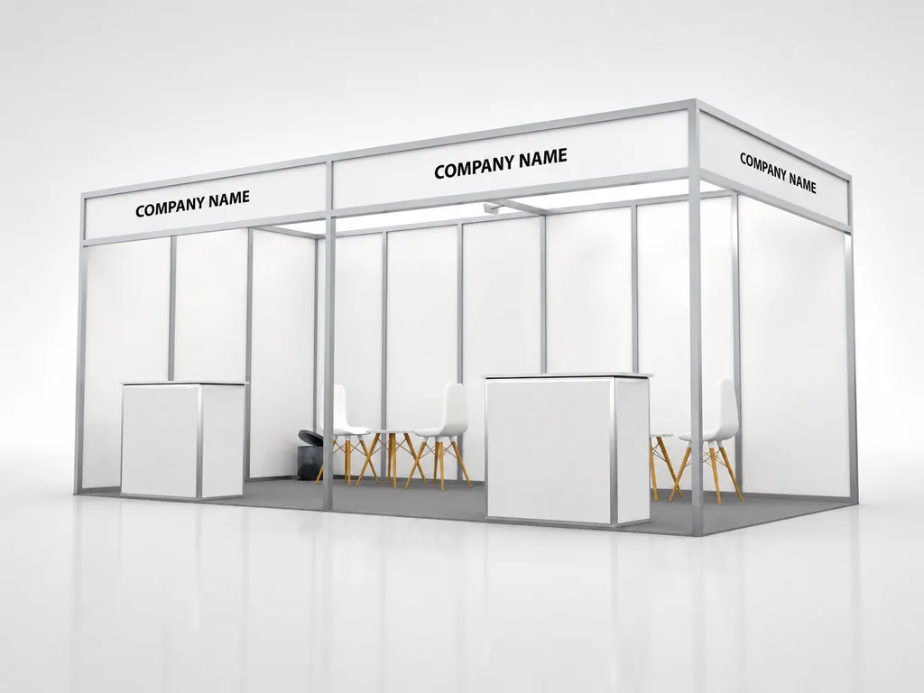 6x3 exhibition booth mockup with fascia and furniture